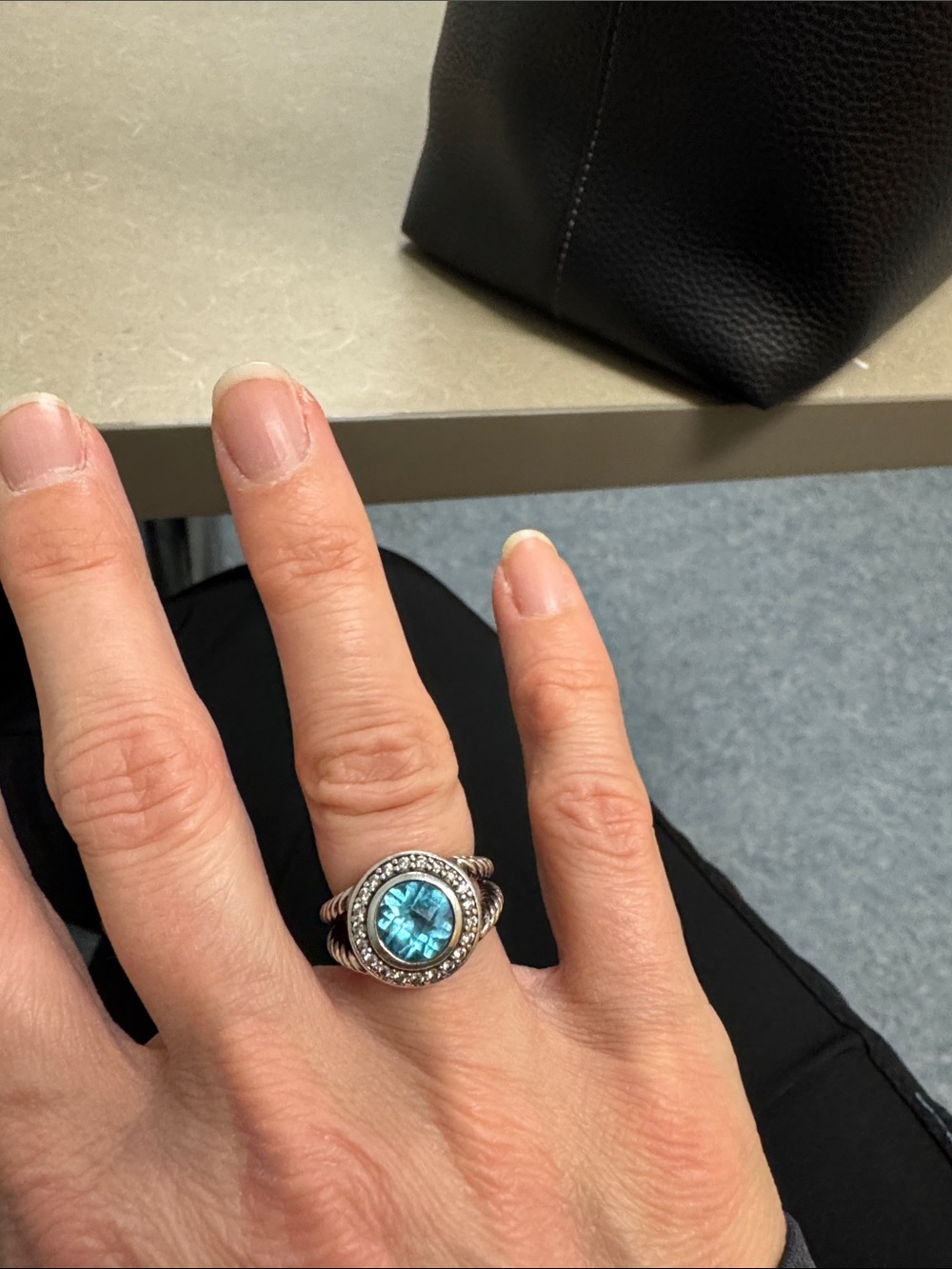 David Yurman Petite Cerise Ring in Blue Topaz & Diamonds, SS, Size 4.5